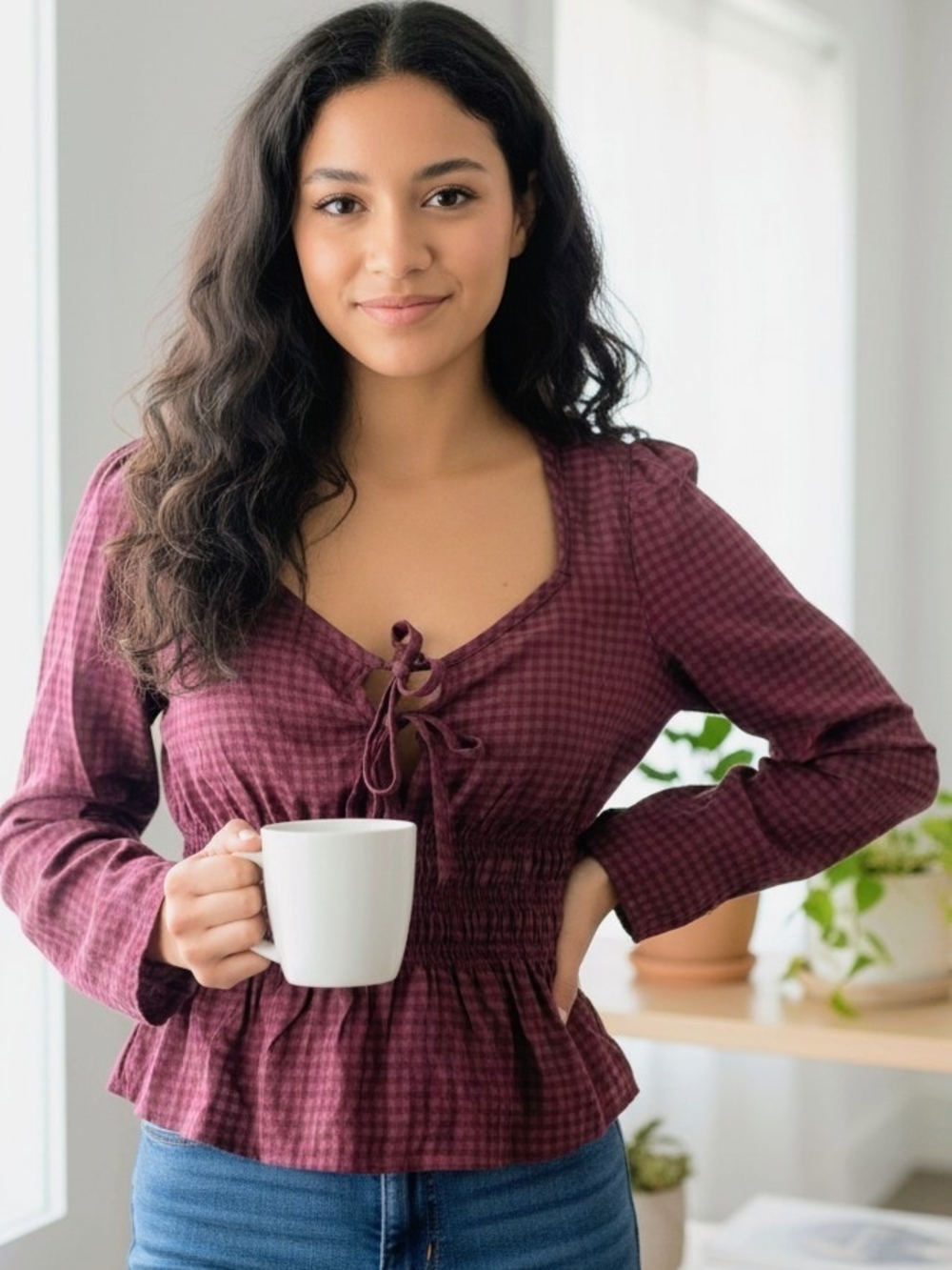 Mauve Plaid Tie-Front Peplum Blouse